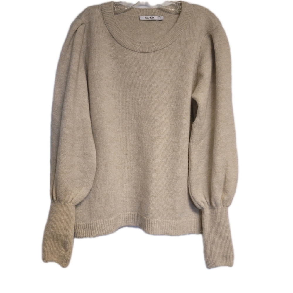 NA-KD Puff Sleeve Wide Rib Knitted Sweater - Size L - Cream Beige